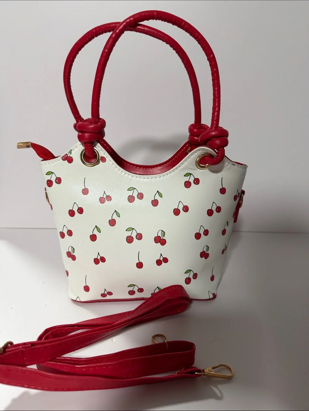 Cherry Print White and Red Tote Bag